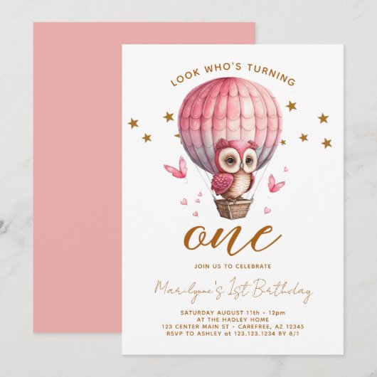 Invitation 1er anniversaire de Hibou Rose (Devant / Derrière)