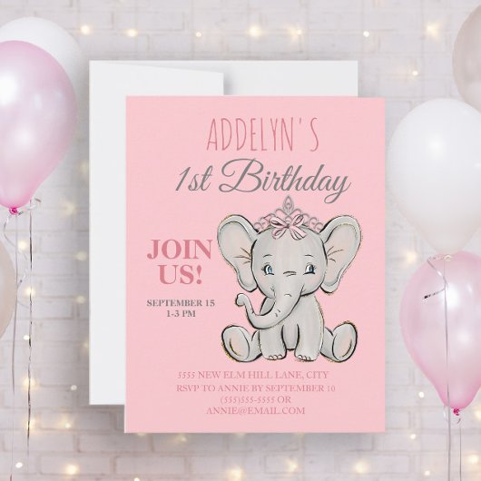 Invitation 1er anniversaire de la mignonne princesse Eléphant