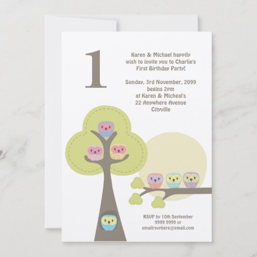 Invitation 1er Anniversaire de la soirée Chouettes mignonnes (Devant)