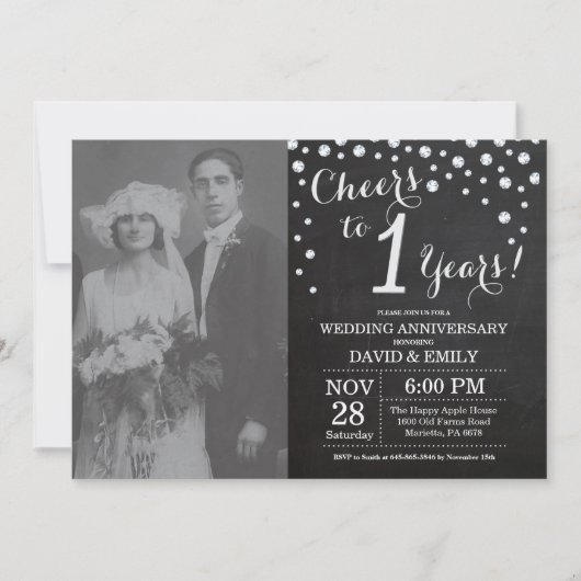 Invitation 1er Anniversaire de Mariage Ardoise Noir Argent (Devant)