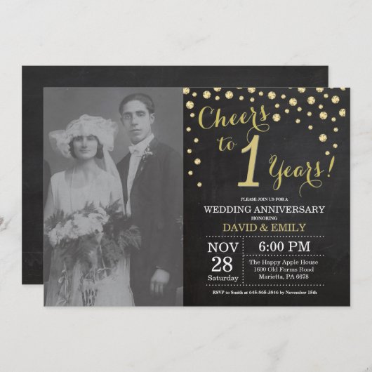 Invitation 1er Anniversaire de Mariage Tableau Noir et Or (Devant / Derrière)