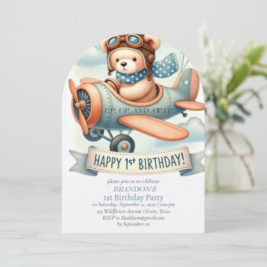 Invitation 1er anniversaire de naissance Boy Avion (Debout devant)