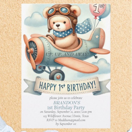 Invitation 1er anniversaire de naissance Boy Avion