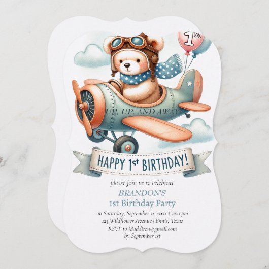 Invitation 1er anniversaire de naissance Boy Avion (Devant / Derrière)