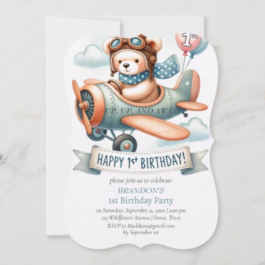 Invitation 1er anniversaire de naissance Boy Avion (Devant)