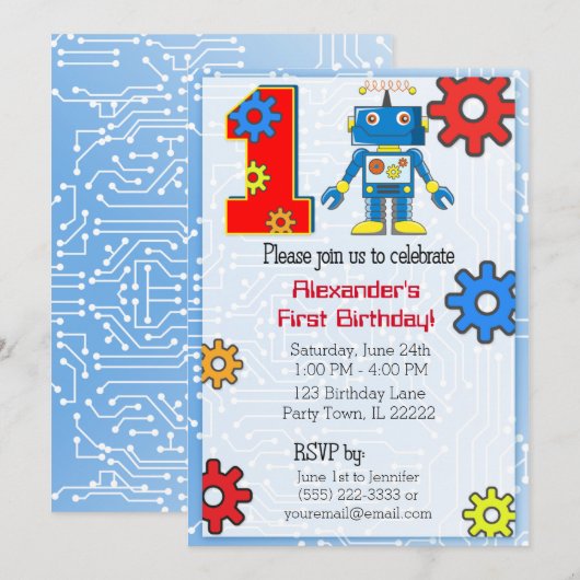 Invitation 1er Anniversaire de robots personnalisés (Devant / Derrière)