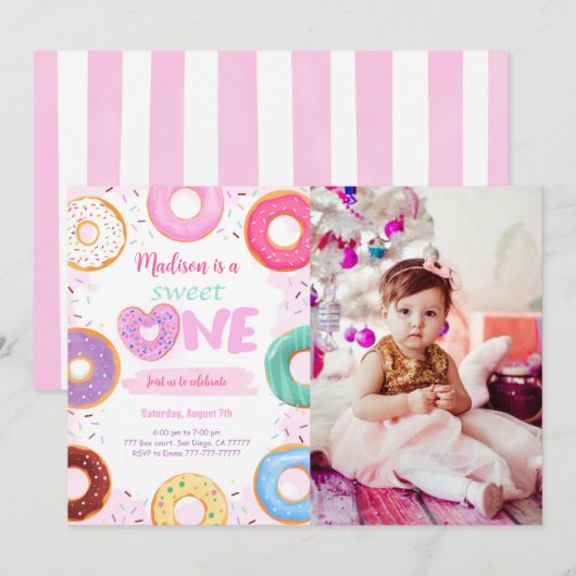 Invitation 1er anniversaire Donut Party Photo (Devant / Derrière)
