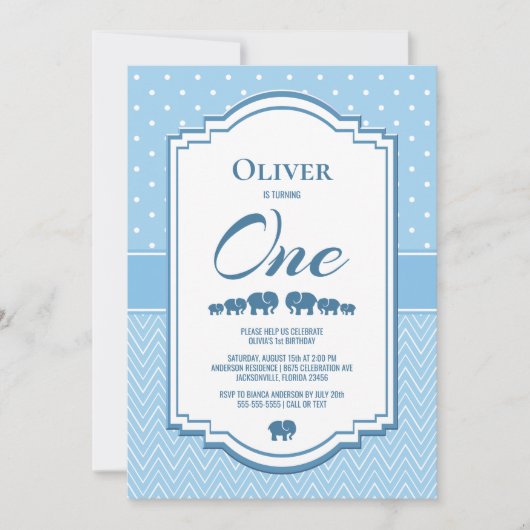 Invitation 1er anniversaire Eléphants Bleus (Devant)