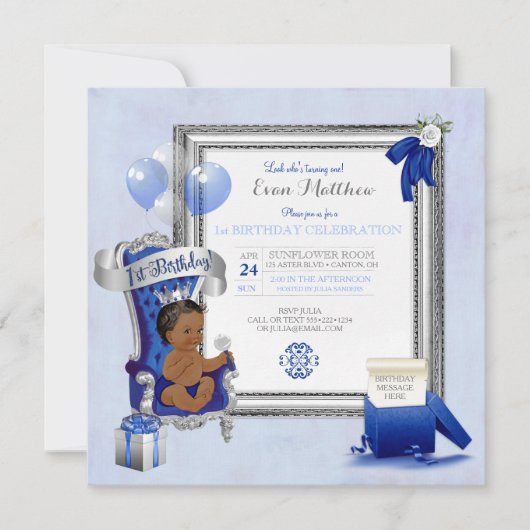 Invitation 1er anniversaire Ethnic Boy Royal Blue Silver Phot (Devant)