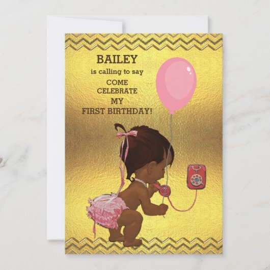 Invitation 1er anniversaire Ethnic Girl Balloon Gold Chevrons (Devant)