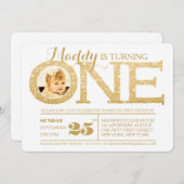 Invitation 1er anniversaire Faux Gold Parties scintillant One (Devant / Derrière)