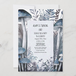 Invitation 1er Anniversaire Fête Champignons Bleus Boho Woods