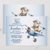 Invitation 1er Anniversaire Fête Cute Blue Bear Pilote Belle (Devant / Derrière)