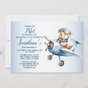 Invitation 1er Anniversaire Fête Cute Blue Bear Pilote Belle