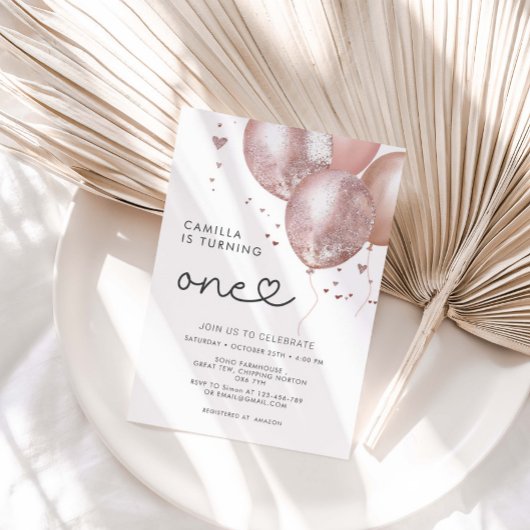 Invitation 1er Anniversaire Fille Balloon rose moderne