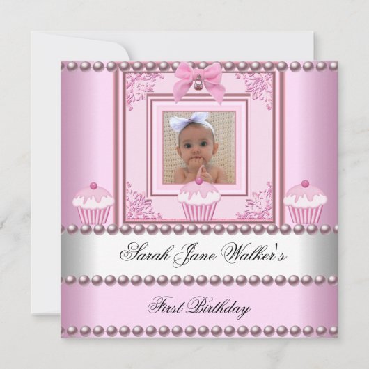 Invitation 1er Anniversaire Fille Cupcakes rose Bébé perle bl (Devant)