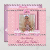 Invitation 1er Anniversaire Fille Cupcakes rose Bébé perle bl (Devant / Derrière)
