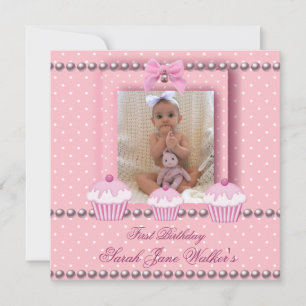 Invitation 1er Anniversaire Fille Cupcakes rose Bébé perle bl