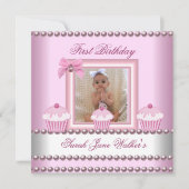 Invitation 1er Anniversaire Fille Cupcakes rose Bébé perle bl (Devant)
