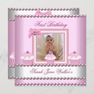 Invitation 1er Anniversaire Fille Cupcakes rose Bébé perle bl