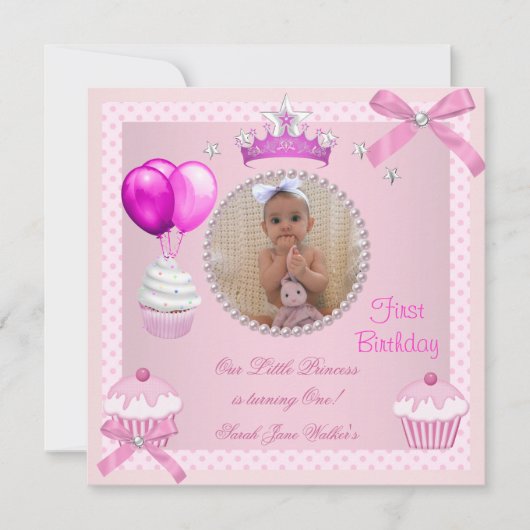 Invitation 1er Anniversaire Fille Cupcakes rose Bébé perle bl (Devant)