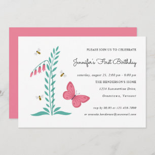 Invitation 1er Anniversaire Fille Fête Papillon Botanique Flo