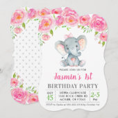 Invitation 1er anniversaire Fille Floral Rose Elephant Party (Devant / Derrière)