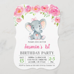 Invitation 1er anniversaire Fille Floral Rose Elephant Party
