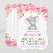Invitation 1er anniversaire Fille Floral Rose Elephant Party (Devant / Derrière)