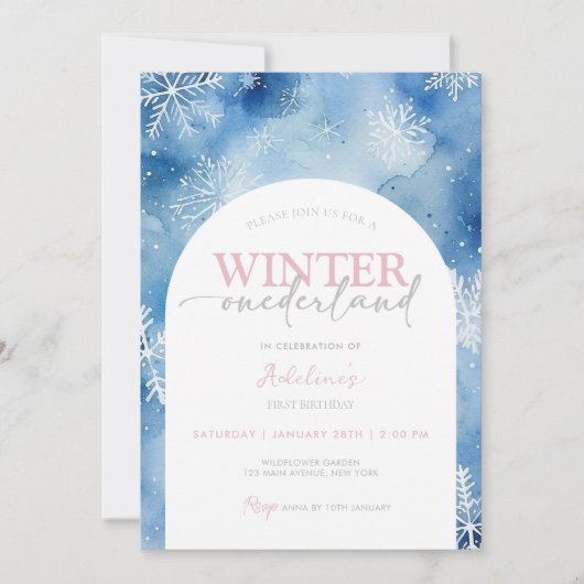 Invitation 1er anniversaire Fille hiver Onederland Fête Neige (Devant)