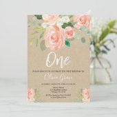 Invitation 1er anniversaire fille pêche rustique kraft floral (Debout devant)