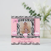 Invitation 1er anniversaire fille Pink Cupcakes Zebra Baby (Debout devant)