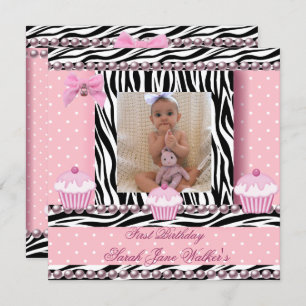 Invitation 1er anniversaire fille Pink Cupcakes Zebra Baby