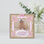 Invitation 1er anniversaire fille rose blanc or photo (Debout devant)