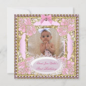 Invitation 1er anniversaire fille rose blanc or photo (Devant)