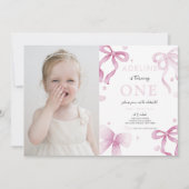 Invitation 1er Anniversaire Fille Rose Bow Fancy One mignonne (Devant)
