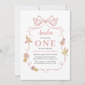 Invitation 1er anniversaire Fleur sauvage rose Coquette Bow f