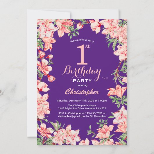 Invitation 1er anniversaire Fleurs florales roses violettes v (Devant)