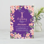 Invitation 1er anniversaire Fleurs florales roses violettes v (Debout devant)