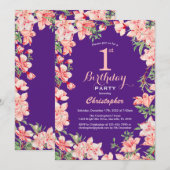 Invitation 1er anniversaire Fleurs florales roses violettes v (Devant / Derrière)