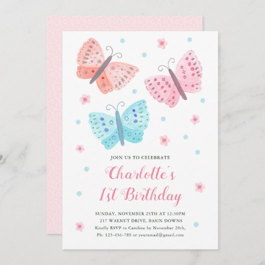 Invitation 1er Anniversaire Fleurs papillon Aquarelle rose (Devant / Derrière)
