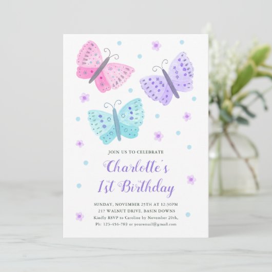 Invitation 1er anniversaire Fleurs papillon Aquarelle violet (Debout devant)