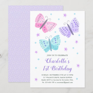 Invitation 1er anniversaire Fleurs papillon Aquarelle violet