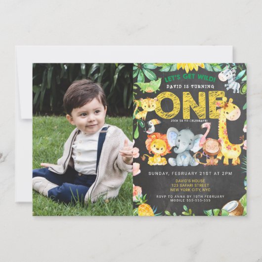 Invitation 1er anniversaire Garçon Safari Chalkboard Jungle P (Devant)