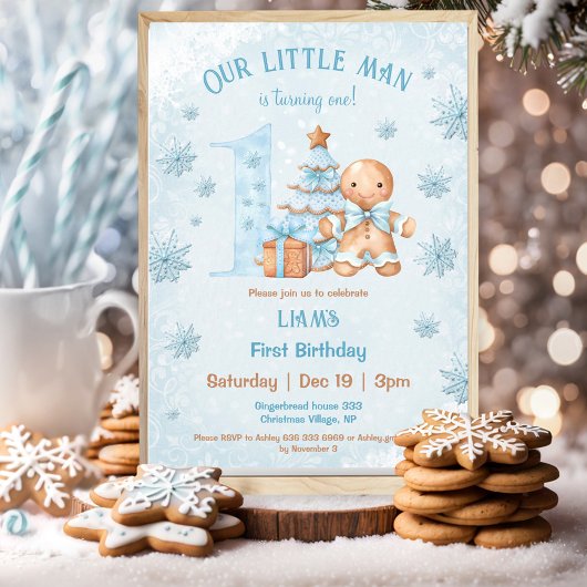 Invitation 1er anniversaire Gingerbread Man Boy Blue Christma