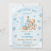 Invitation 1er anniversaire Gingerbread Man Boy Blue Christma (Devant)