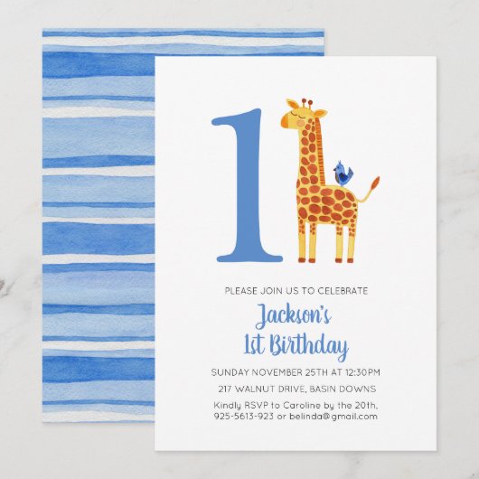Invitation 1er anniversaire Giraffe & Bird Striped Party (Devant / Derrière)
