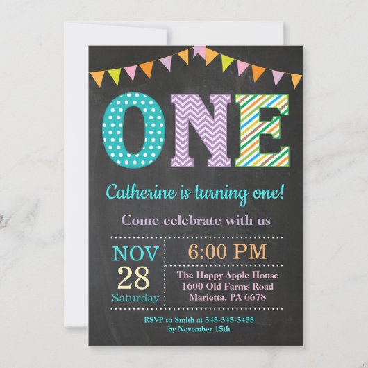 Invitation 1er Anniversaire Invitation. Fille premier anniver (Devant)