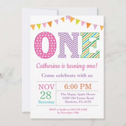 Invitation 1er Anniversaire Invitation. Fille premier anniver (Devant)