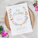 Invitation 1er anniversaire Jardin Fleur sauvage aquarelle<br><div class="desc">Invitation vos invités à votre belle fête de jardin 1er anniversaire avec notre belle fleur sauvage d'aquarelle peinte à la main invitation de premier anniversaire. Les fleurs sauvages de campagne chic sont aménagés dans un joli design ouvert de couronnes avec les détails de l'événement. L'envers est orné de magnifiques fleurs...</div>